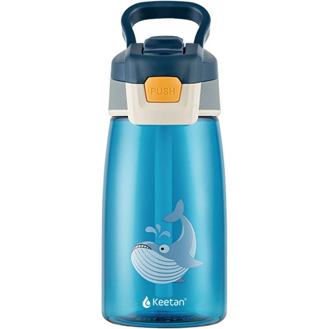 Botella de agua para niños con pajita, reutilizable, para la escuela, sin BPA, a prueba de fugas, 480 ml, azul, ballena