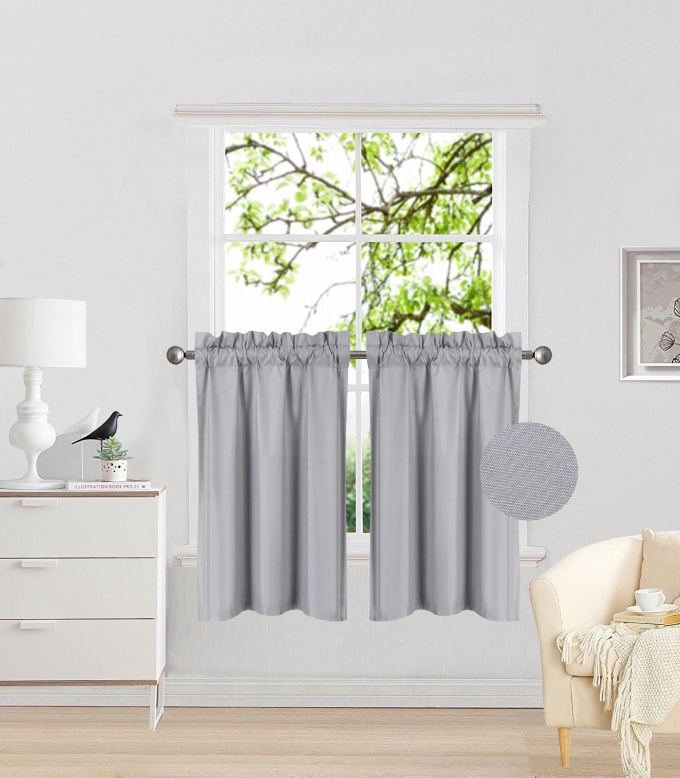 RS5 2-Piece Silver Microfiber Blackout Window Curtain, Two (2) Rod