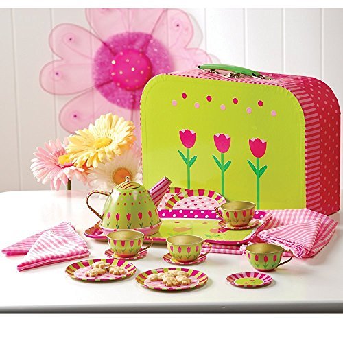 cP Toys - Juego de té de hojalata para llevar para niños, 20 piezas, incluido el servicio para 4, tetera, servilletas y mantel, a partir de 3 años Constructive Playthings 083416200042