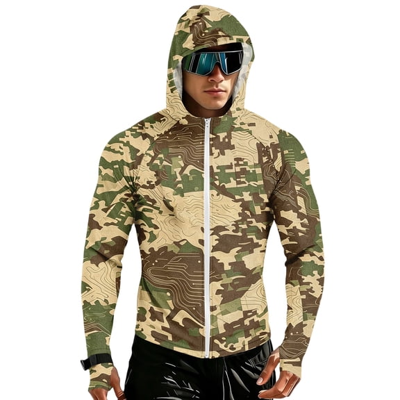 Havenx Mens Uv Protection Fishing Jackets Camo Long Sleeve Full Zip Jacket Thumbhole Hooded Rash Guard Casual Summer Lightweight Athletic Workout Blouses,Brown M