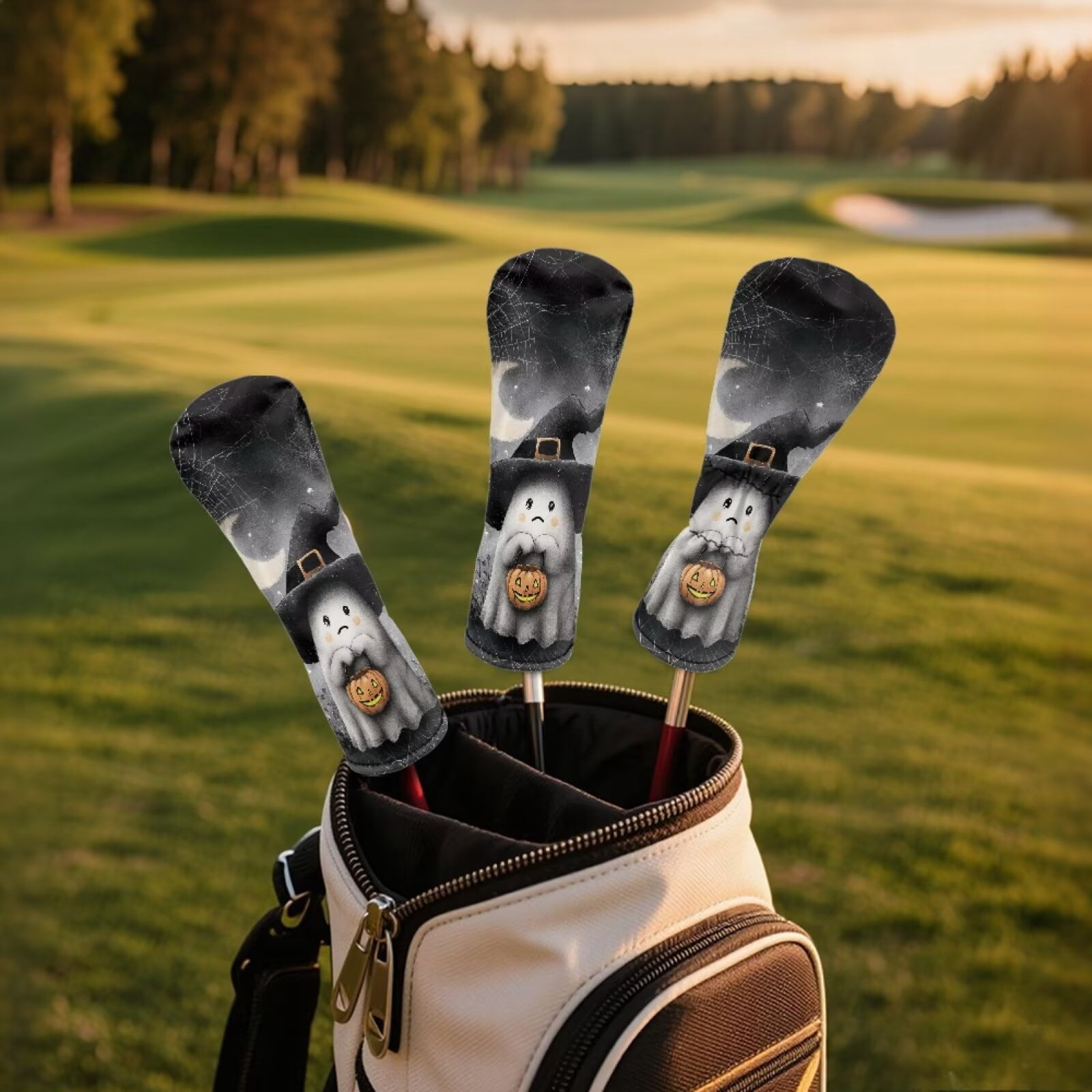 Uorisanigo Golf Club Head Covers 3-Pack Halloween Ghost Headcovers PU Leather Driver Headcover, Golf Hybrid Headcover, Fairway Wood Head Cover, Waterproof & Double Elastic Band