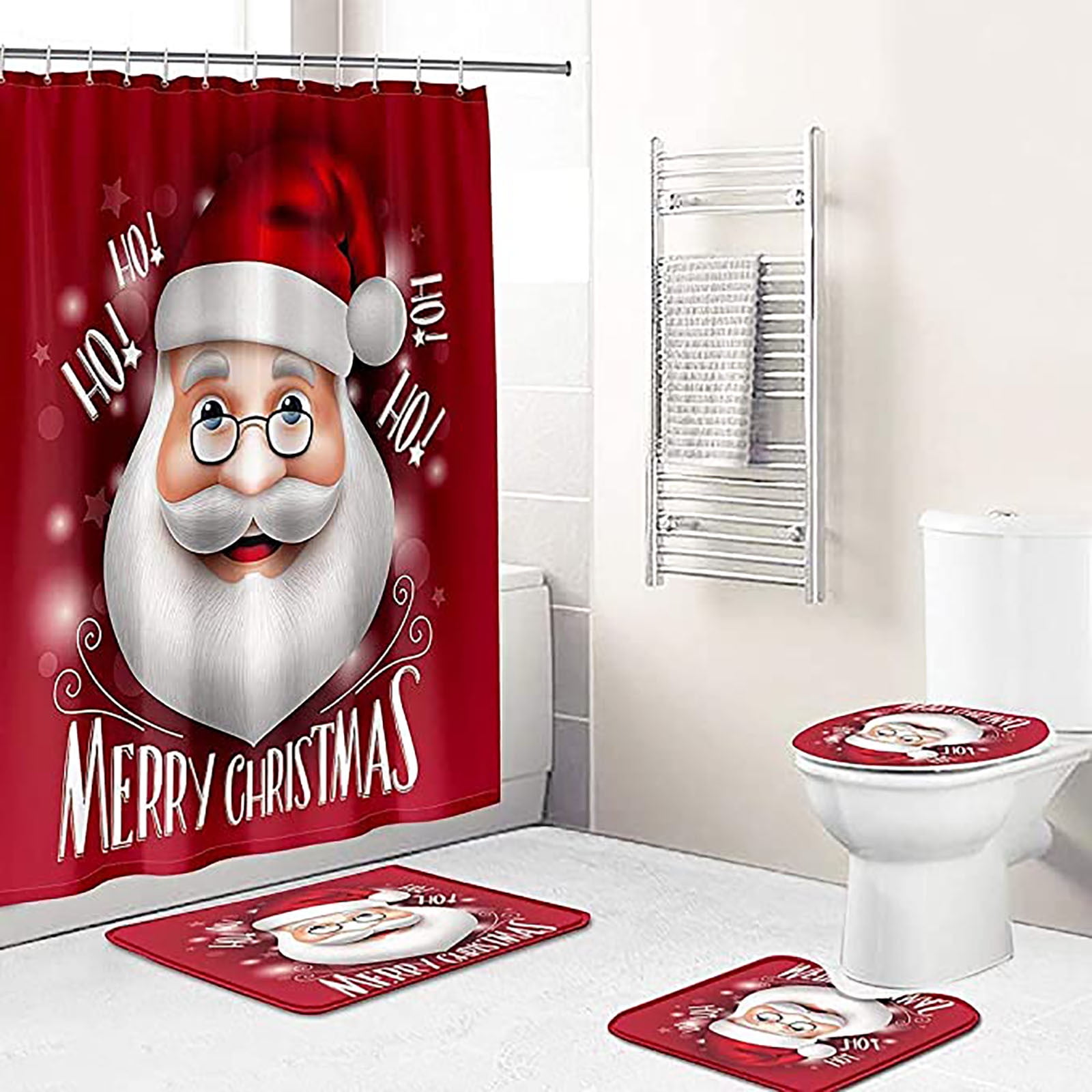 4Pcs Christmas shower Curtain Bathroom Anti-slip Carpet Rug Toilet Cover Mat Set 