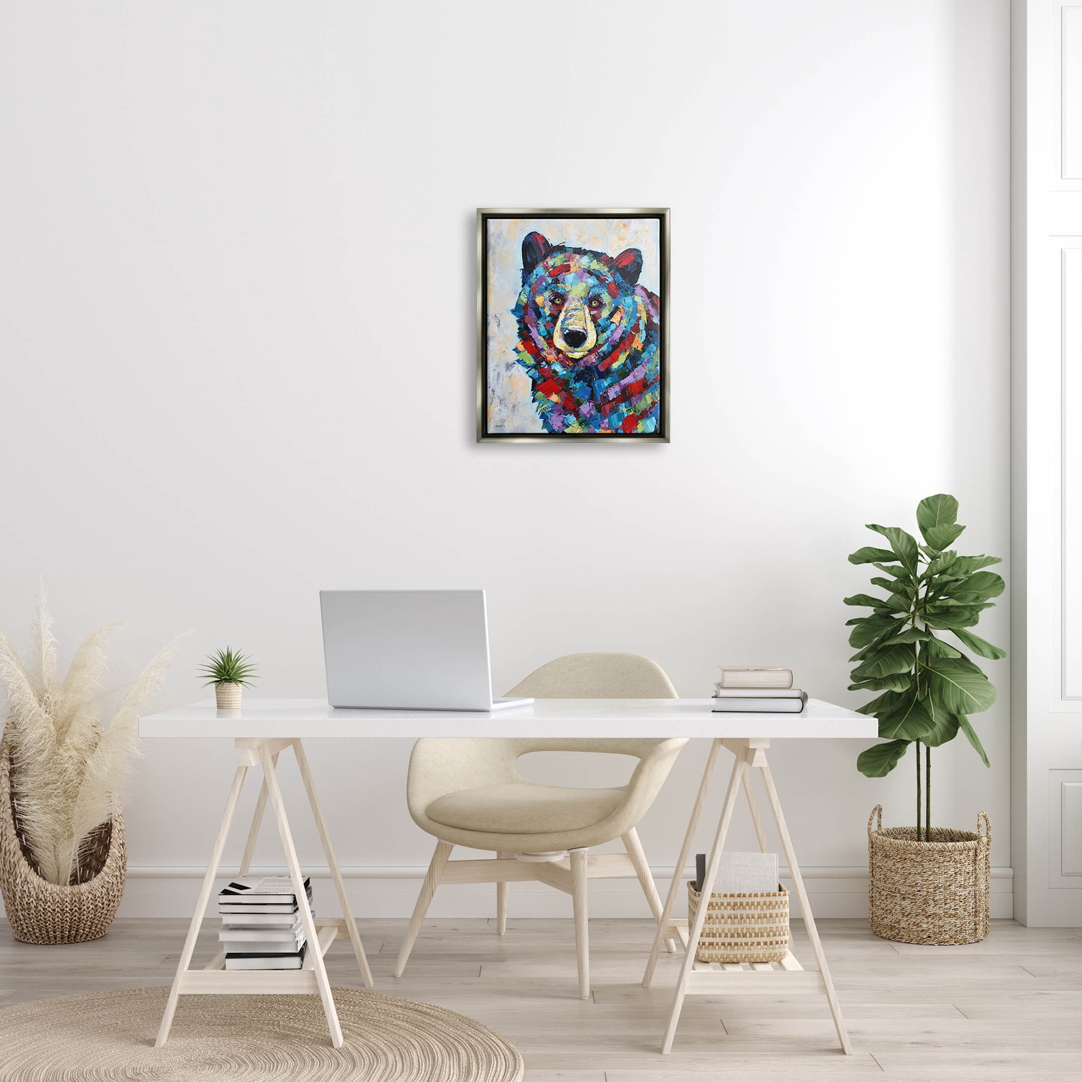 Geometric Hued Abstract Bear Animals & Insects Painting Luster Gray Framed Art Print Wall Art