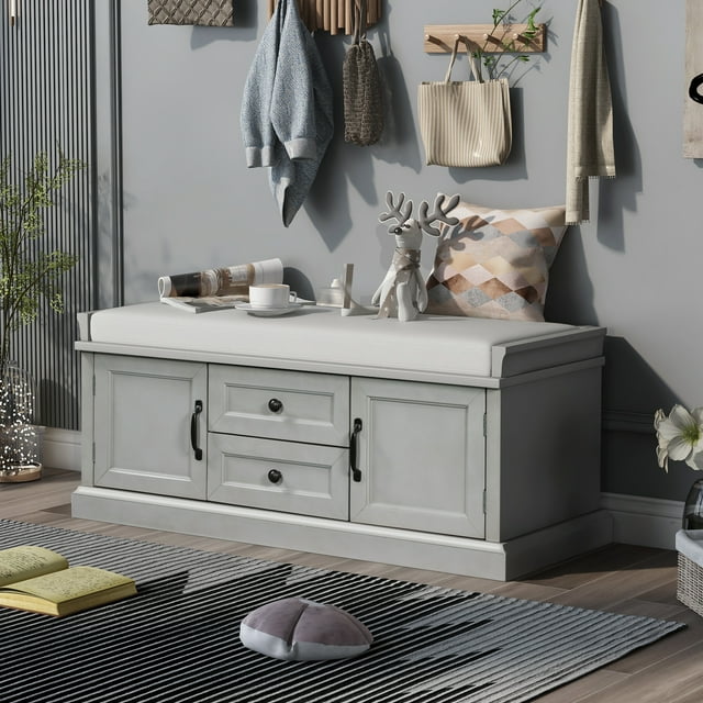 OUDOSPRS Spacious Storage Bench, Features 4 Doors with Adjustable Shelves and Removable Cushion, Great for Entryway and Living Room(Gray Wash)