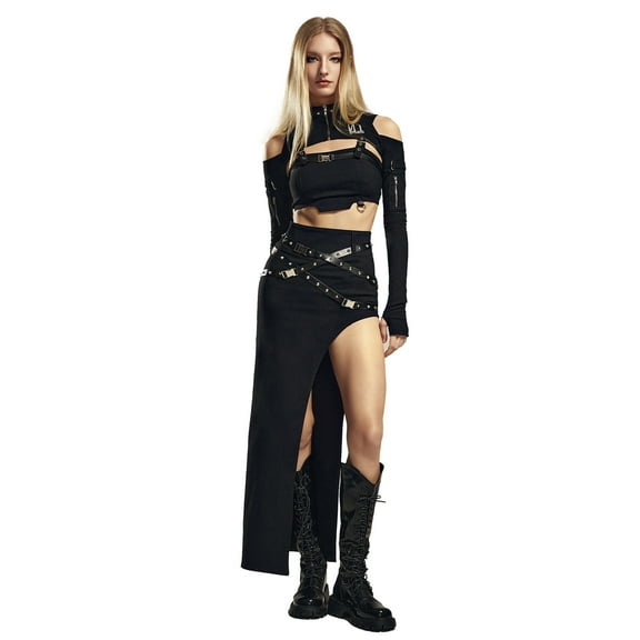 Miccostumes Women's 2 Piece Outfit Gothic Punk Dress Black Cocktail Y2K Dress, S