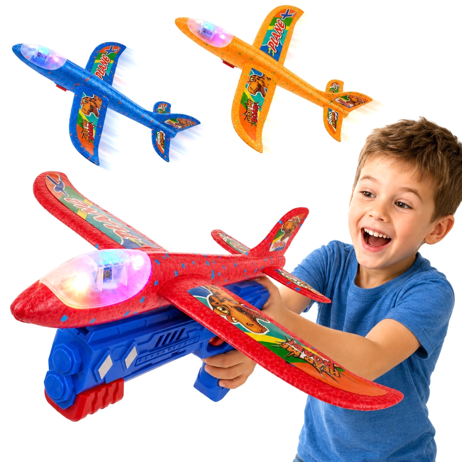 3 Pack Airplane Launcher Toys, Zacro Foam Glider Planes with LED Lights, Catapult Flying Toy for Boys Girls Ages 4-12, Outdoor Aircraft Toys Gift for Kids