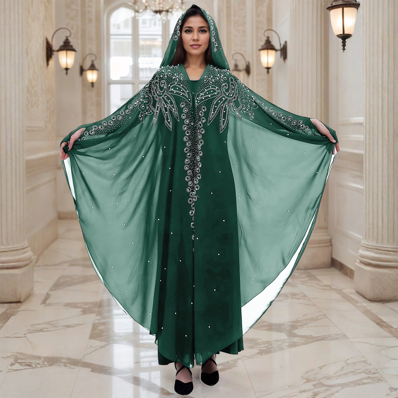 Long Sleeve Shirts for Women, Muslim Dress for Women Loose Batwing Sleeved Hooded Beaded Embroidery Long Abaya Dress Kaftan Abayas Islamic Robe