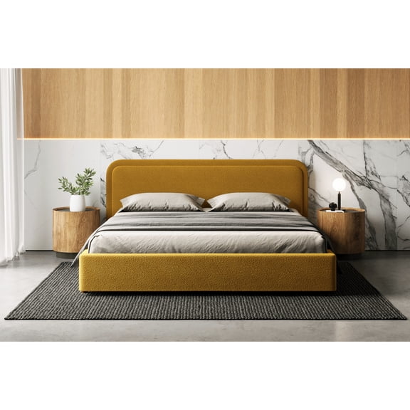 Omax Decor Upholstered Platform King Bed in Mustard Boucle Fabric