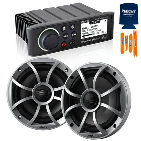 Fusion MS-RA70NSX Marine AM/FM/BT/NEMA2000 Stereo with 1 Pair Wet Sounds RECON 6-S High Output 6.5 Marine Coaxial Speakers Silver Grill