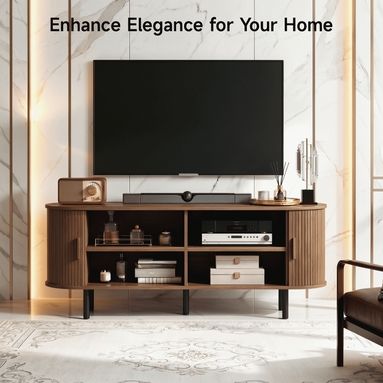 55 Inch TV Stand with Built-in Power Outlet, Compatible with TVs Up to 60 Inches, Modern Entertainment Center with Adjustable Shelves, Storage Space, and Sliding Doors, Walnut