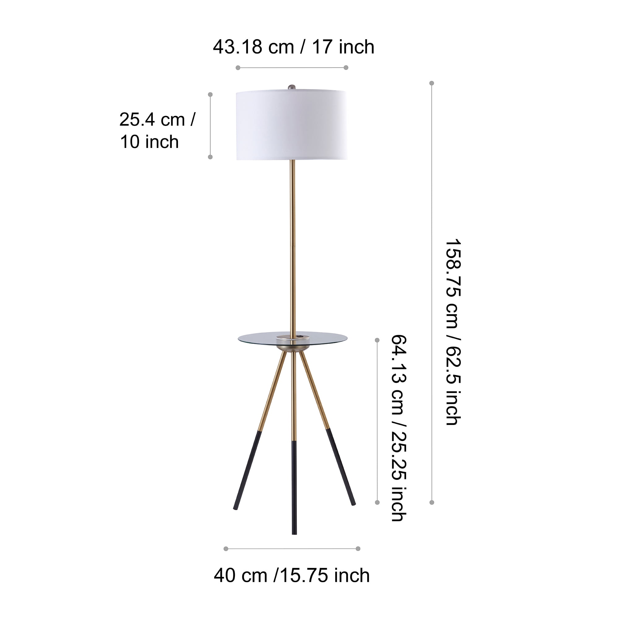 Teamson Home Myra Floor Lamp with Glass Table and Built-In USB Port, Gold/Black