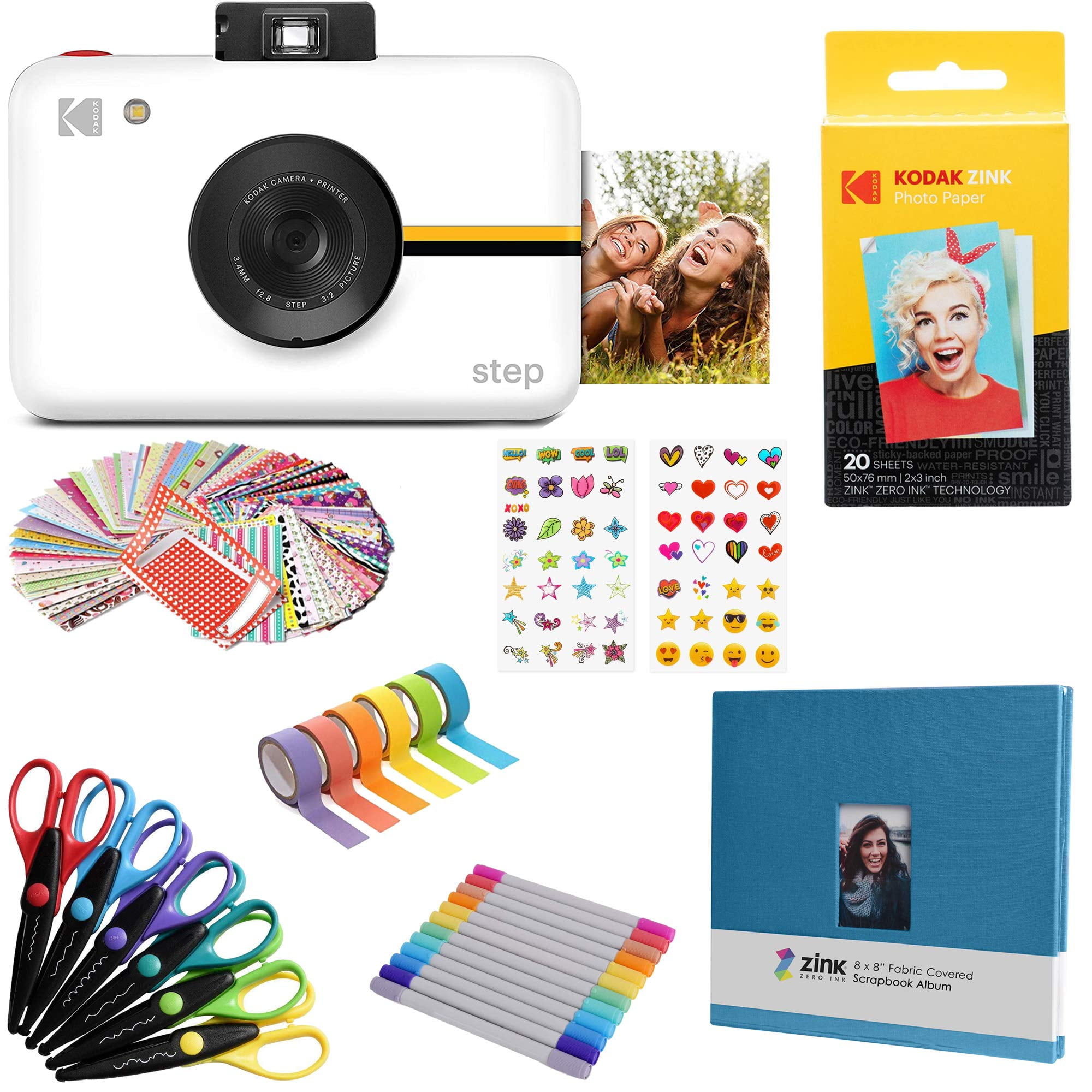 Kodak Printomatic Instant Camera, All-In-Bundle + Zink Paper 20 Sheets +  Deluxe Case + Photo Album + 7 Sticker Sets + Markers + Scissors And More -  ZINK 2x3 Sticky-Backed Photo Paper