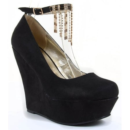 - Jeweled Rhinestone Anklet Vegan Suede Platform Wedge Pumps Women's