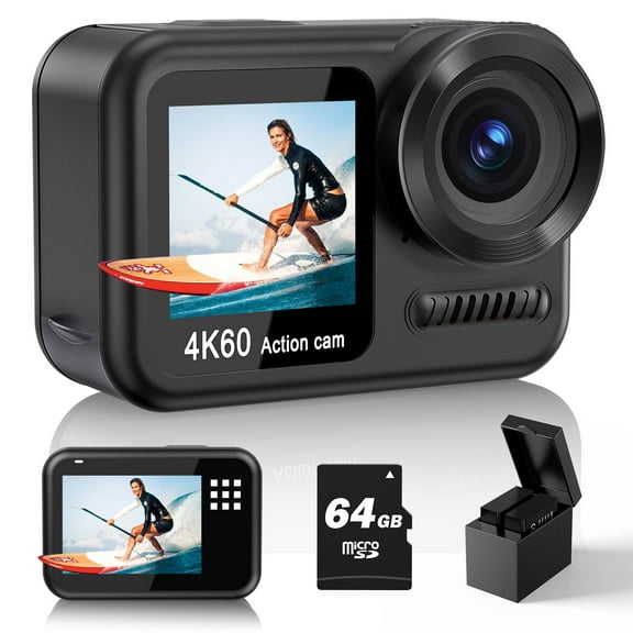 Upgrade 4K60FPS WiFi Action Camera 64MP Waterproof Camera, 8X Zoom Underwater Camera Snorkeling 65FT No Need a Waterproof Case with 64GB Card and Touch Rear Screen