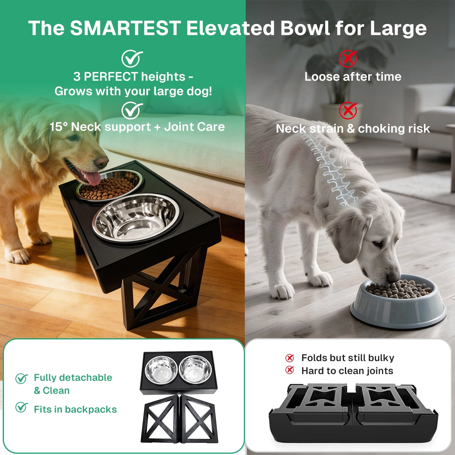 Behmoe Elevated Dog Bowls for Medium Large Dogs,3 Heights Adjustable Breed Raised Dogs Bowl Stand with 2 Stainless Steel Water And Food Bowls,Non-Slip Feeder Dish Station,Black