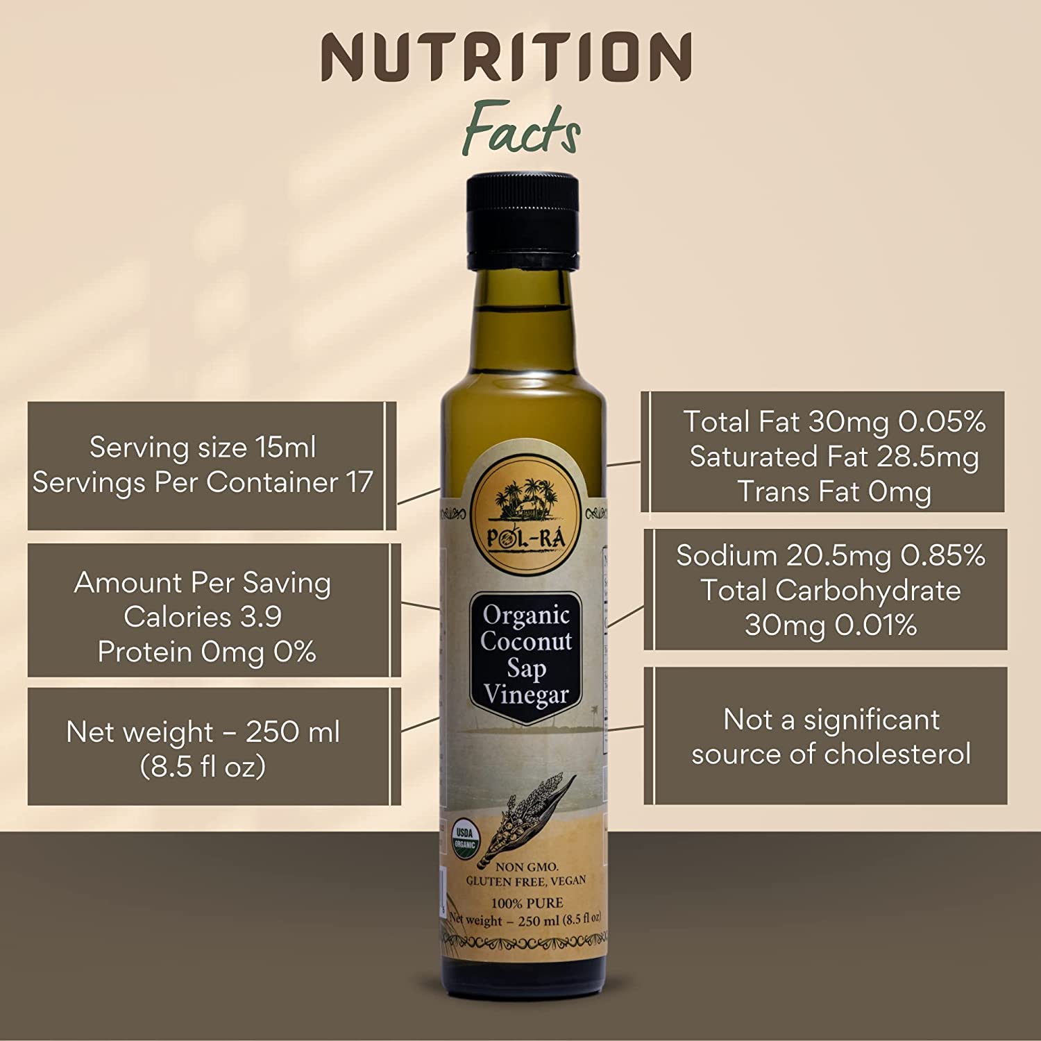 P L-RA Organic 100% Natural Coconut Sap Vinegar - Sodium Free - Vegan, Paleo & Keto - Low Glycemic - Marinade Substitute - Gluten Free - Soy Free - Kosher - 8.5 oz (50 Servings) - Pack of 3