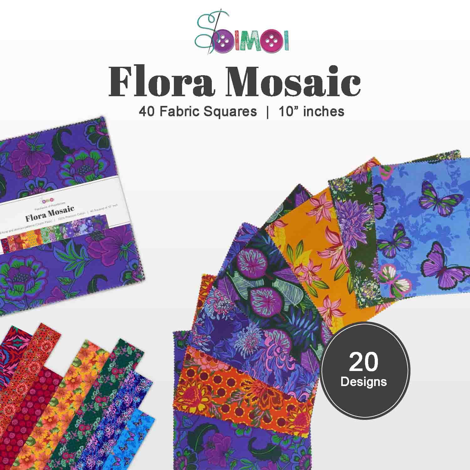 Soimoi 40 Pcs Cotton Fabric Squares Bundles Charm Packs for Quilting, Fat Quarter Layer Cakes, Fabric Scraps for Crafts,Precuts Quilt Squares 10 x 10 inches, DIY Fabric Bundle - Flora Mosaic