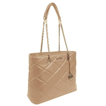 Ellen Tracy Chain Faux Smooth Leather Quilted Tote 012-Tan