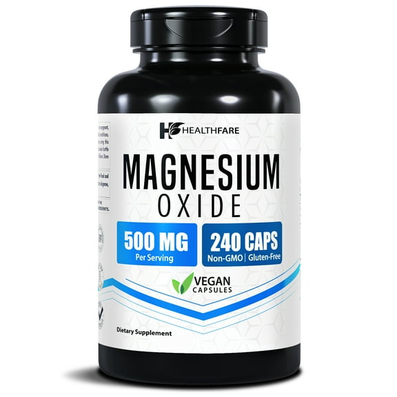 HealthFare Magnesium Oxide 500mg | 240 Vegan Capsules | Extra Strength Essential Mineral Supplement | High Absorption Formula | Non-GMO, Gluten-Free | Made in USA