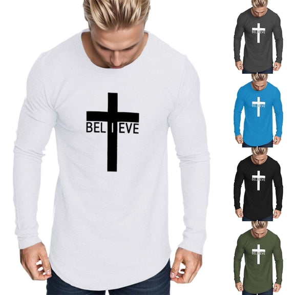 Jesus Cross Print T Shirt for Man Long Sleeve Crewneck Graphic Tee Lightweight Workout Tops Black S
