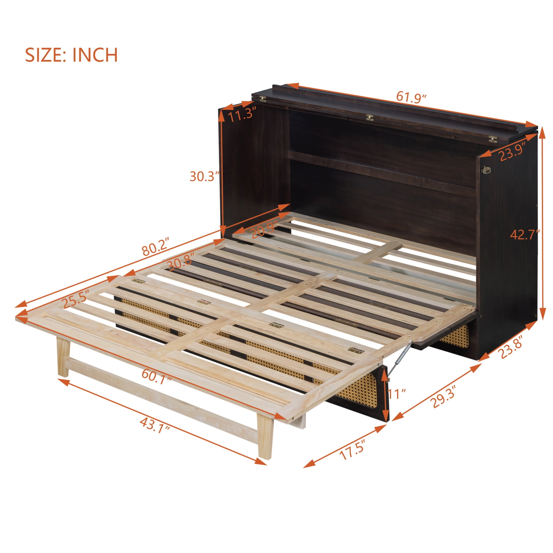 Queen Size Murphy Bed Cabinet - Foldable Hidden Bed With Storage, USB Charging & Retro Rattan Style - Walnut