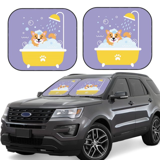 Fotbe Corgi Washing in Bathtub Juego de 2 Piezas de Parasoles para Parabrisas | Bloqueador Solar para Auto | Accesorios Plegables para Protección Solar Interior-Small