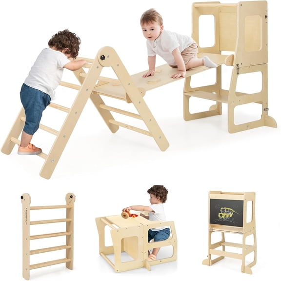 OLAKIDS Climbing Toys for Toddlers, 7 in 1 Foldable Wood Pikler Montessori Jungle Gym with Toddler Tower Angle Adjustable Ladder Ramp Slide, Indoor Kids Playground Climber Triangle Set