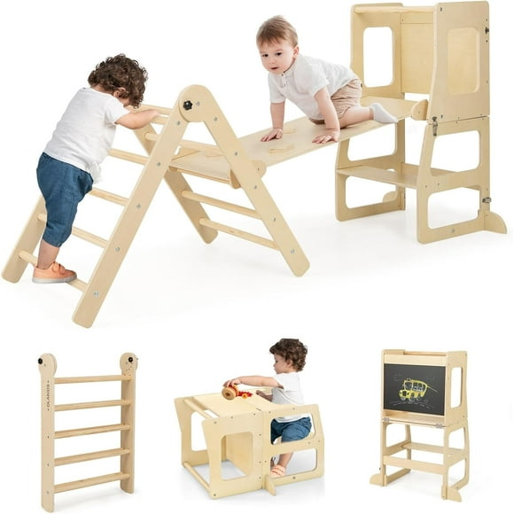 OLAKIDS Climbing Toys for Toddlers, 7 in 1 Foldable Wood Pikler Montessori Jungle Gym with Toddler Tower Angle Adjustable Ladder Ramp Slide, Indoor Kids Playground Climber Triangle Set