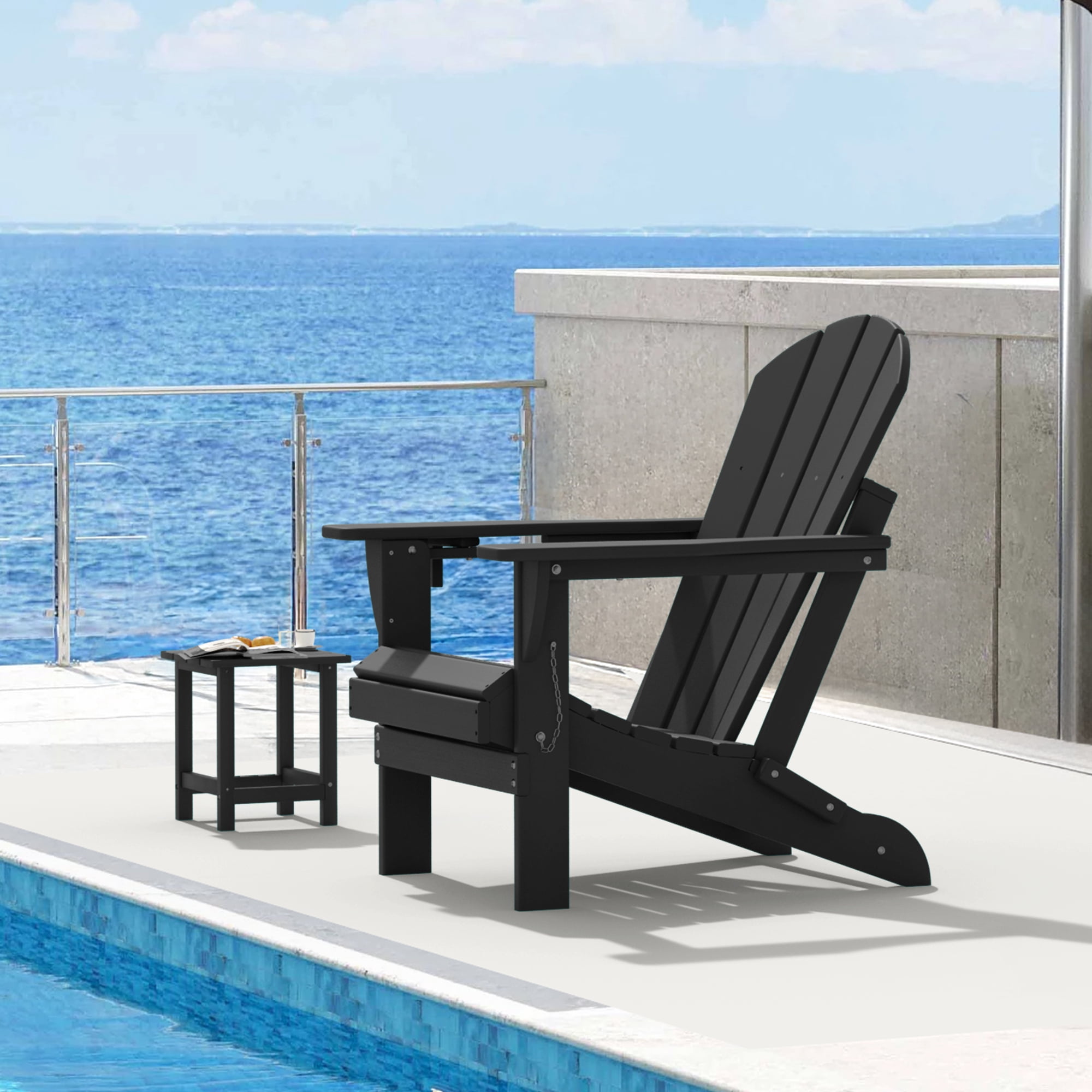 Folding Adirondack Chair, HDPE All-Weather Outdoor Patio & Firepit Chair with Ergonomic Extended Backrest & Cup Holder, Low Maintenance, Black