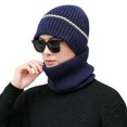 thumbnail image 1 of 2Pcs/Set Stripe Patchwork Ear Protection Hat Scarf Set Autumn Winter Men Knitted Beanie Plush Lining Neckerchief Set, 1 of 7
