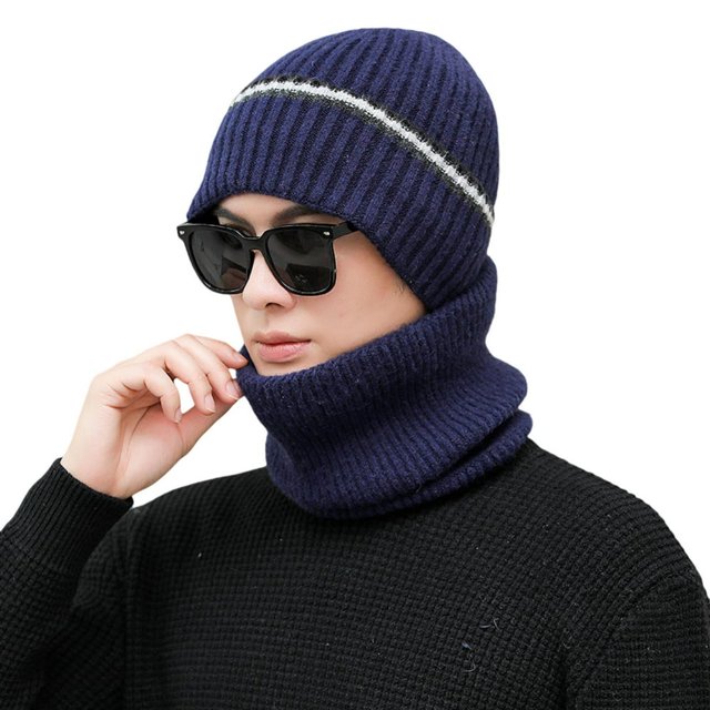 2Pcs/Set Stripe Patchwork Ear Protection Hat Scarf Set Autumn Winter Men Knitted Beanie Plush Lining Neckerchief Set