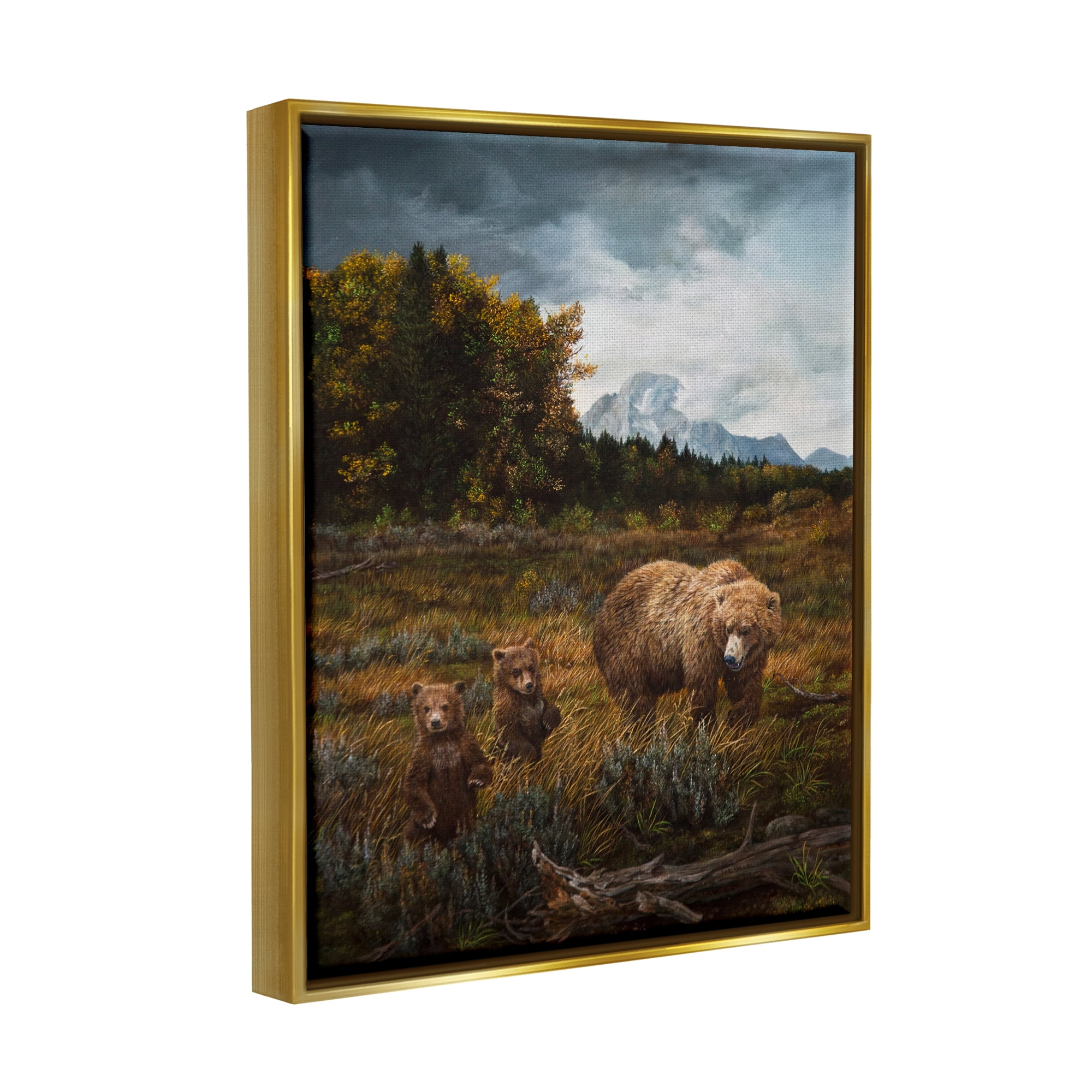 Stupell Industries Bears in Nature Scene Animals & Insects Painting Gold Floater Framed Canvas Art Print Wall Art, 17 x 21
