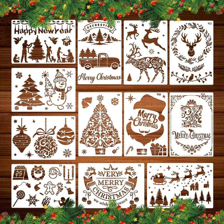 Yamcyh Christmas Stencils for Painting on Wood,3x3” Reusable Holiday Xmas Stencil Drawing Templates for Christmas Tree/Tier Tray/Window Decor