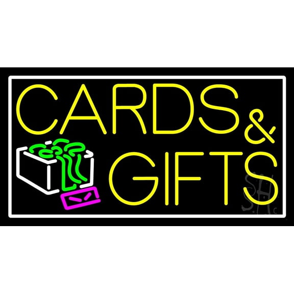 Cards And Gifts Block White Border LED Neon Sign 13" Tall x 24" Wide - inches, Black Square Cut Acrylic Backing, with Dimmer - Premium built indoor Sign for Storefront, Store interior.