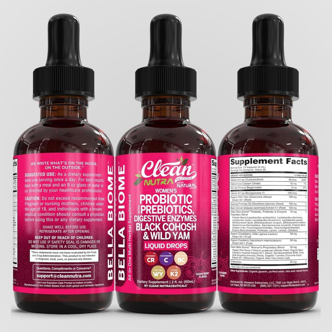 Liquid Probiotics for Women Drops with Chasteberry, Black Cohosh, Prebiotics, Digestive Enzymes, Evening Primrose Oil, Wild Yam, Cranberry Dmannose and Iron Vitamin D3 K2 Clean Nutra Bella Biotics