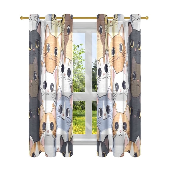 Cute Cat Faces Pattern Semi Sheer Curtains for Living Room Bedroom Set of 2 Insulated Window Drapes