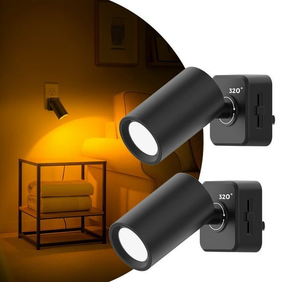Set of 2 Black Rotatable Amber Cylinder Plug In Night Lights