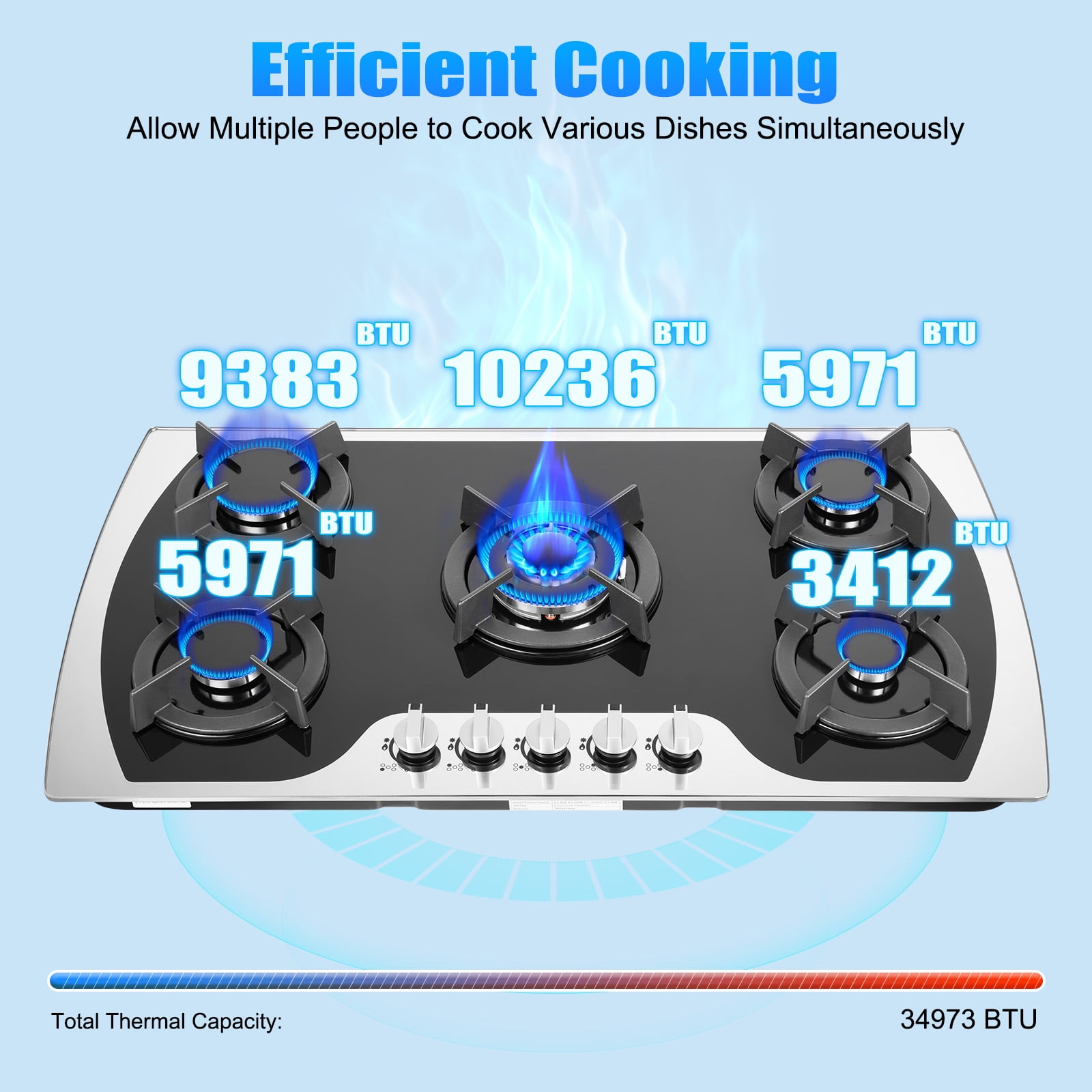 35" 5 Burners Gas Stove Built-In Cooktop LPG/NG Stainless Steel Gas Hob Cooker for Domestic Or Commercial Cooking