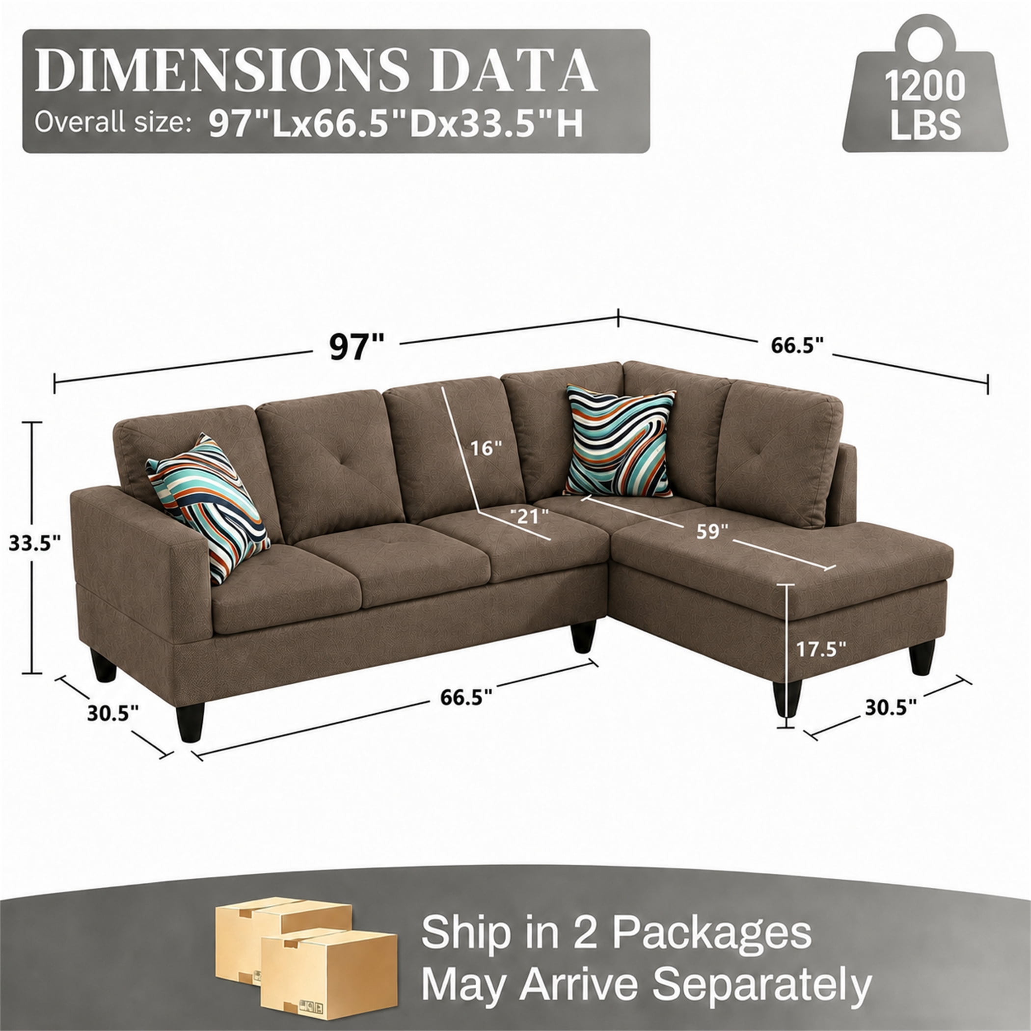 Aukfa 97" Classic Sectional Sofa 4 Seat L shape Couch for Living Room, 2Pillows, Oversized Right Chaise, Chenille, Brown