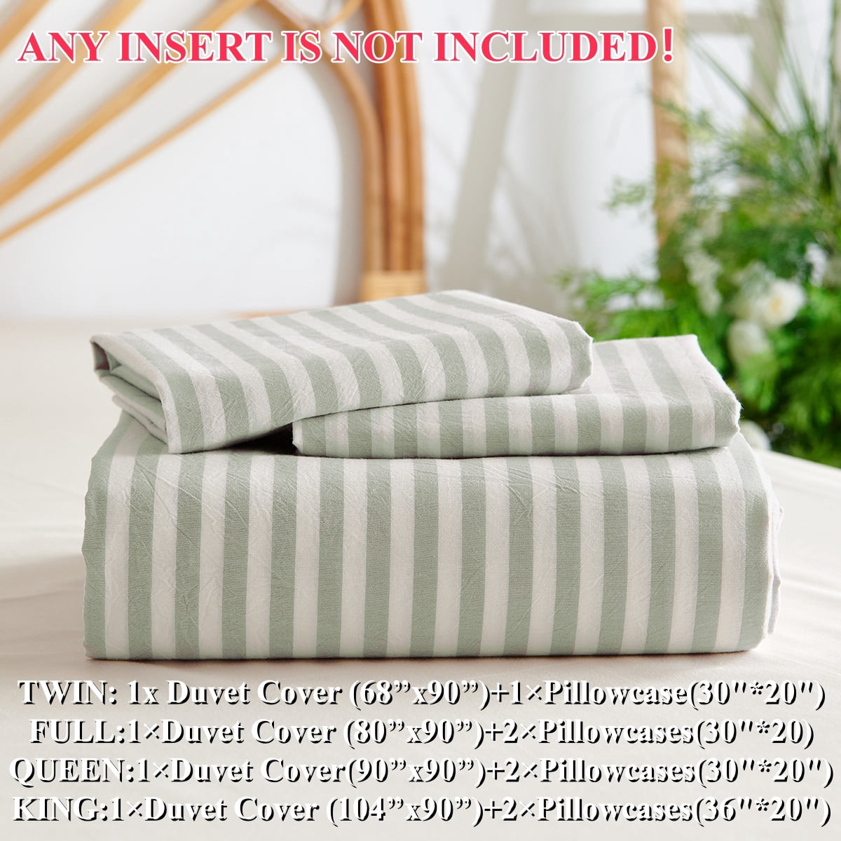 JOLUSERE 100% Organic Cotton Striped Duvet Cover King Set, 3-Piece Linen Like Textured Breathable Bedding Cover(Sage Green& White Classic Stripes)
