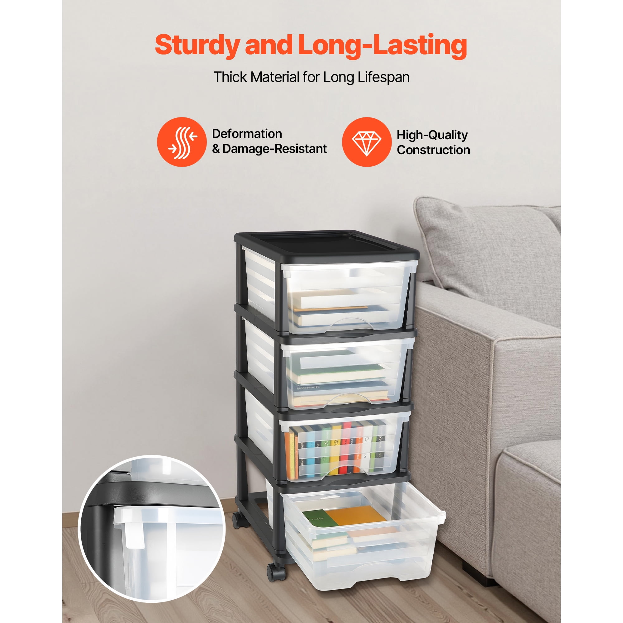 KFFKFF Plastic Storage Drawer Cart with 4 Compartments, Mobile Organizer with Wheels, Rolling Storage Solution for Office Supplies, Crafts, and Classroom Essentials