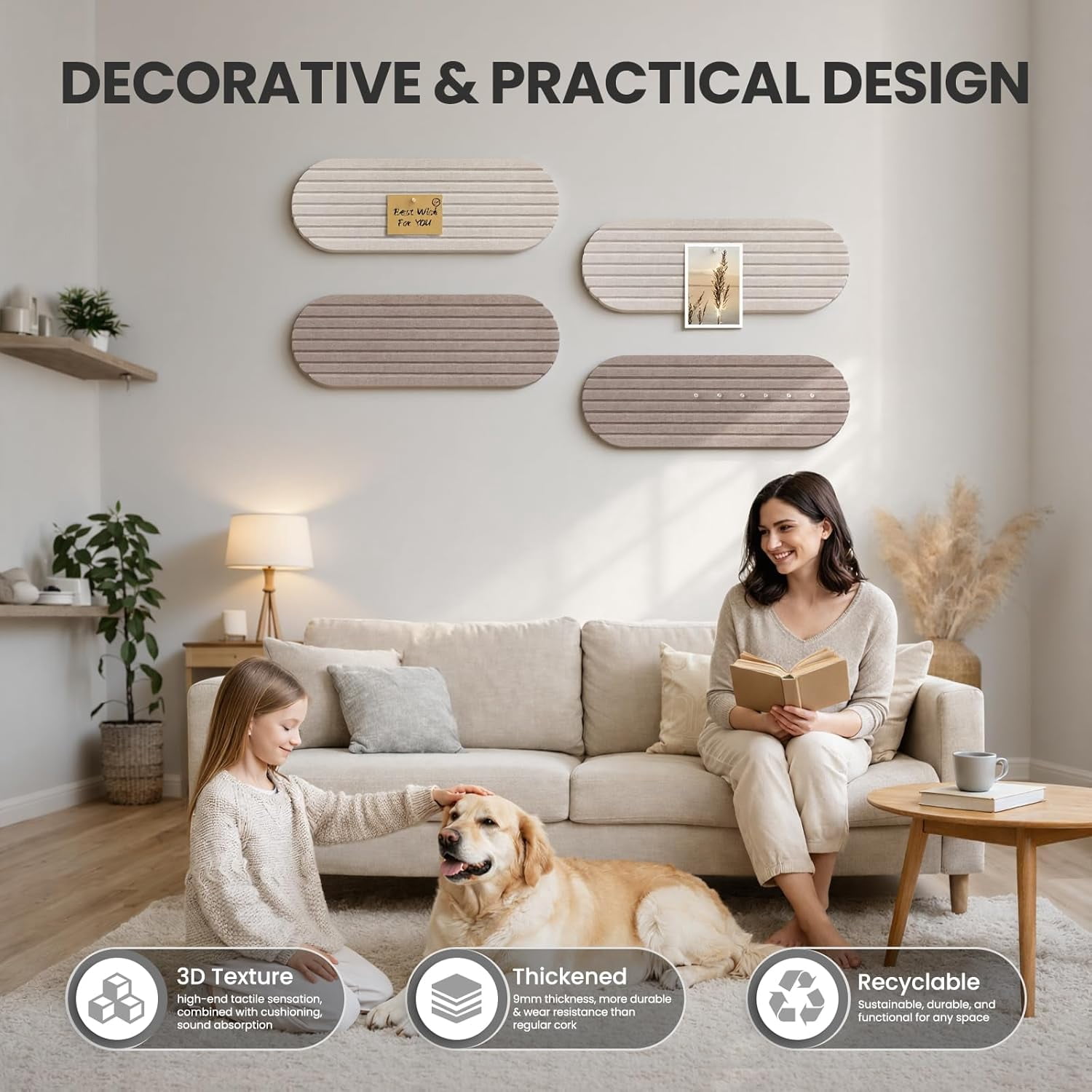 Bulletin Board, 24'' X 8'' Cork Board Alternative, 4 Pack Felt Bar Strips with Pushpins, Foldable Notice Vision Photo Display for Office Home School Wall