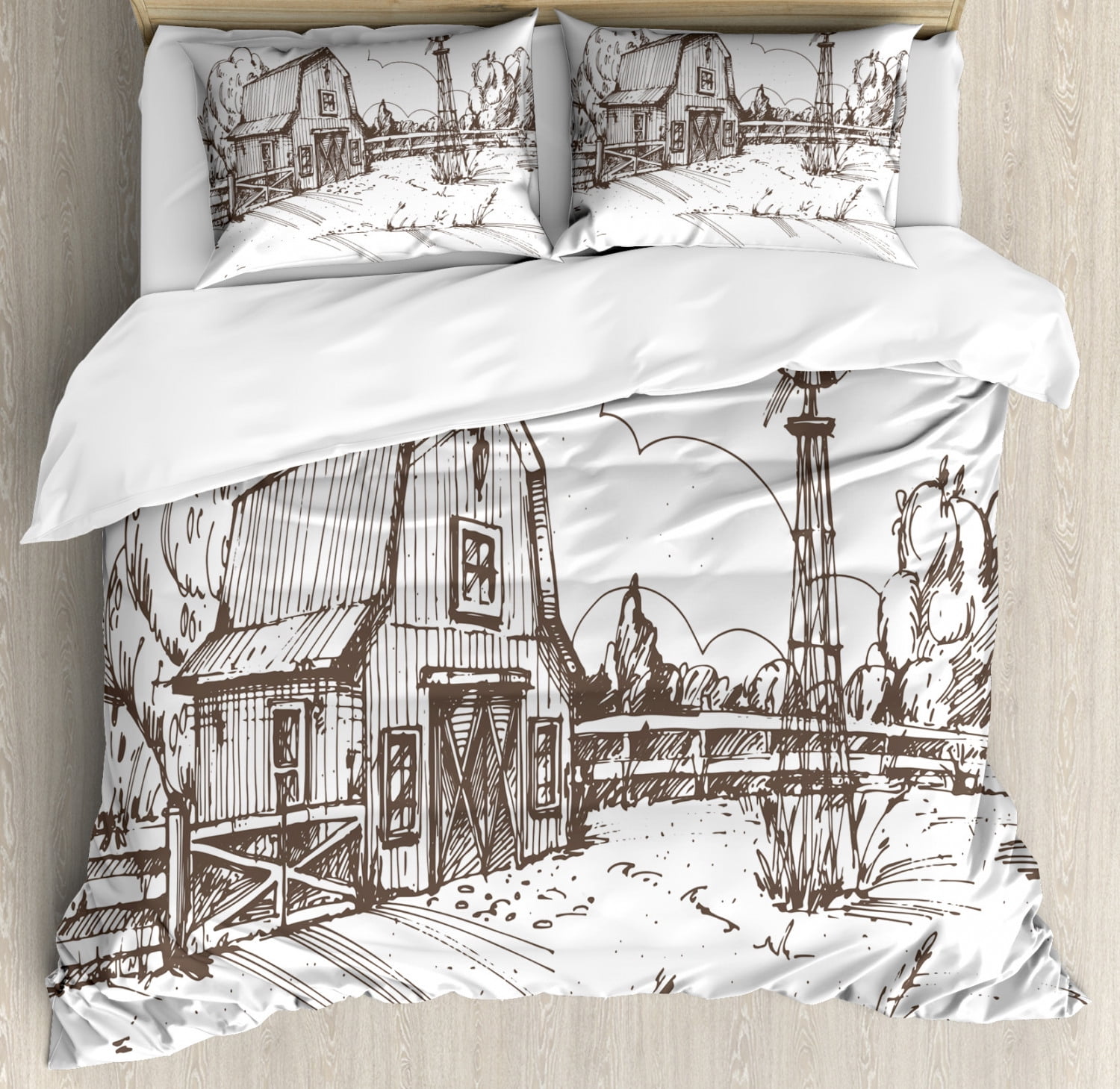 Rural Country House Print Farm House Quilted Coverlet & Pillow Shams Set 