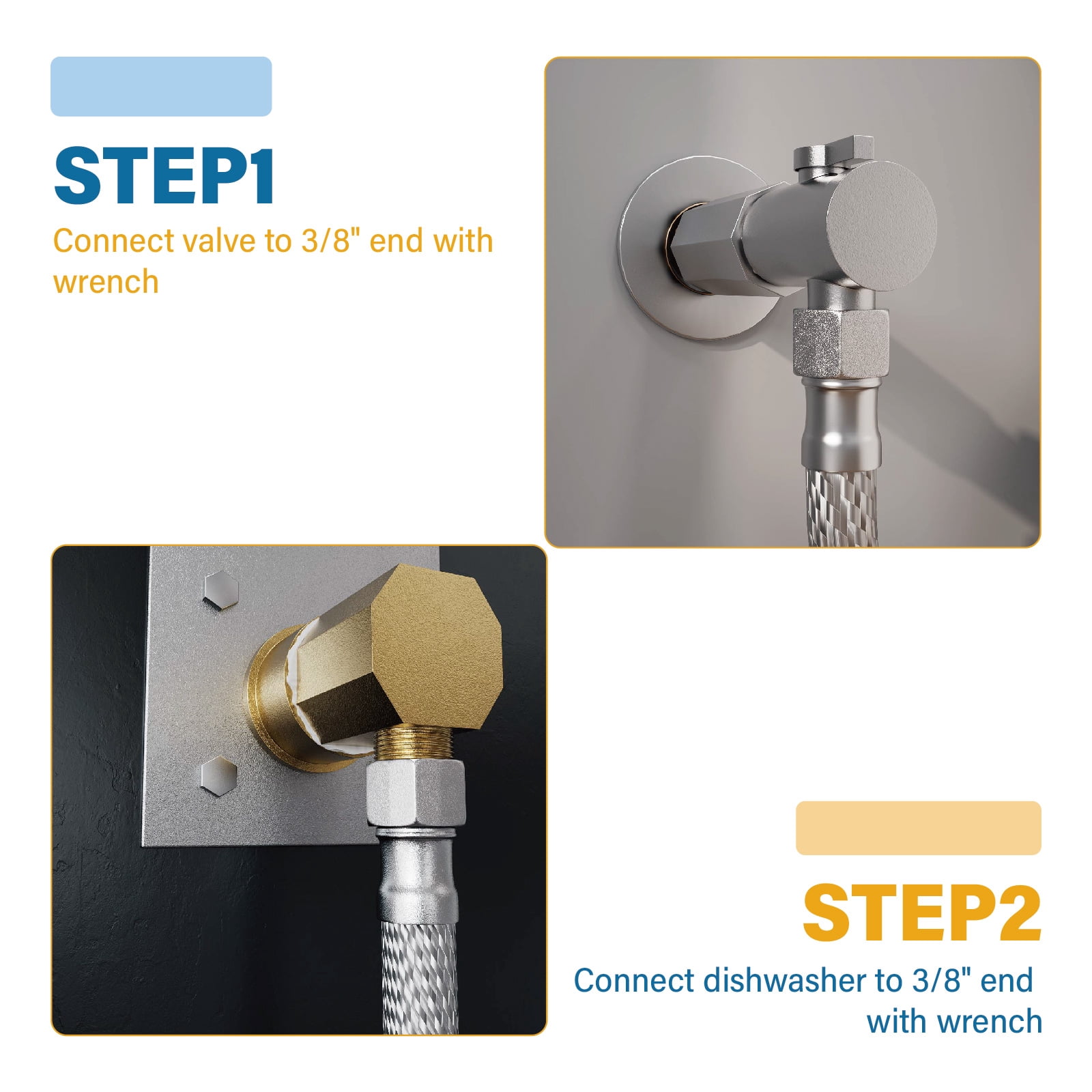 6Ft Stainless Steel Dishwasher Water Supply Line, F 3/8 C x F 3/8 C Brass Nut, Flexible Washer Supply Hose, Universal Fit, Leak-Proof