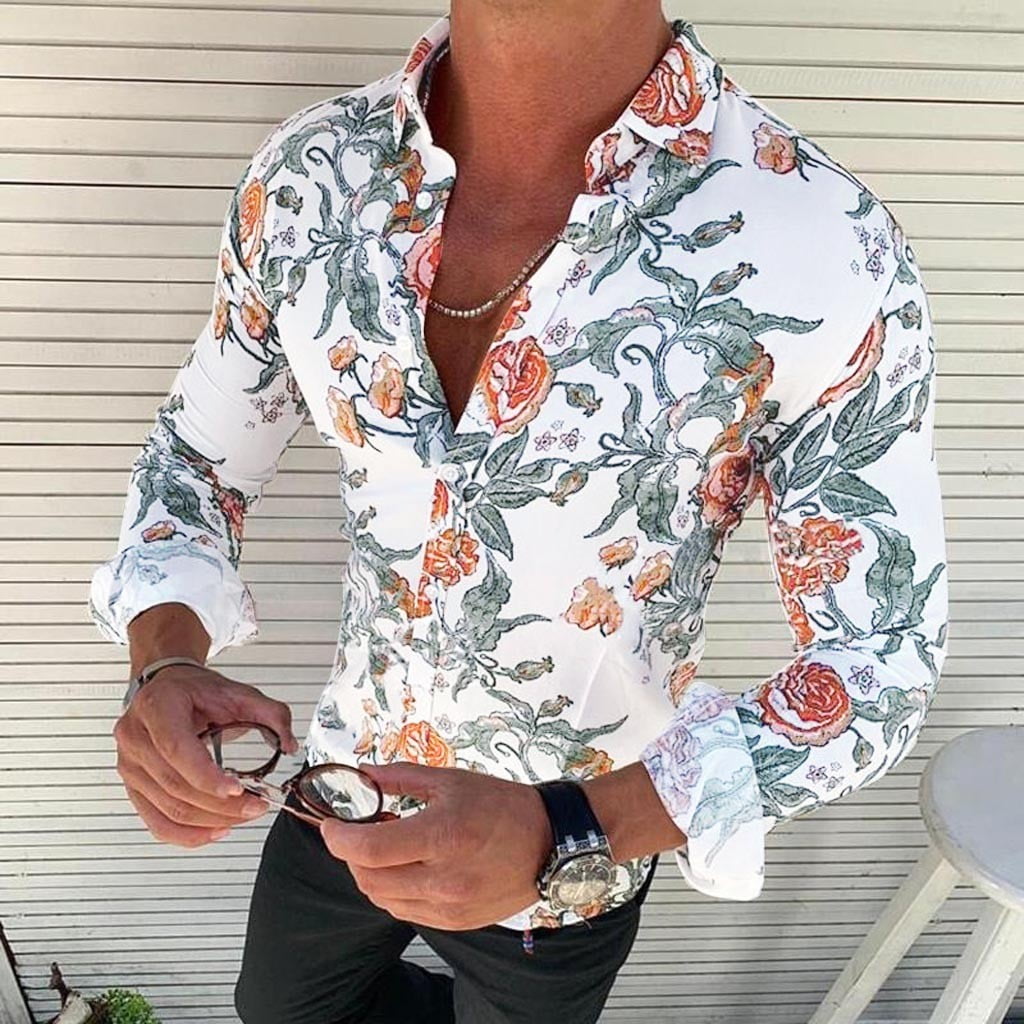 Mens Floral Printed Long Sleeved Leisure and Fashion Button Down Shirt 