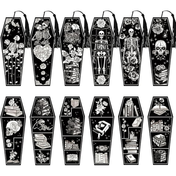 24 Set Skeleton Coffin Bookmarks with Black Tassel 2.2 x 5.9 inch Halloween Horror Book Accessories Dark Style Skull Book Tracker Coffin Shaped Book Marker