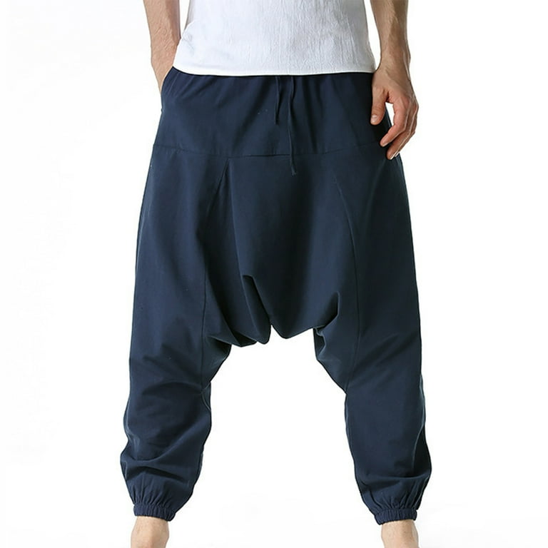 BVnarty Mens Harem Pants Casual Baggy Cotton Linen Drawstring