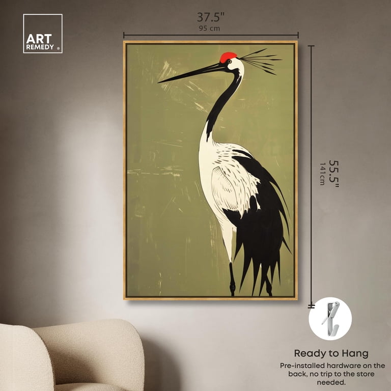 Crane on Jade Canvas Retro Japanese Art Prints by Art Remedy, Gold