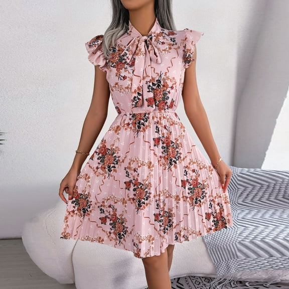 Wycnly Formal Dresses for Women Party Prom Vintage Ruffle Sleeve Pleated Swing Formal Dresses with Tie Short Sleeve Stand Neck Floral Print 2025 Summer Mini Dress Pink l