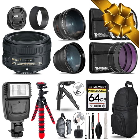 Nikon AF-S 50mm 1.8G -3 Lens Kit   Slave Flash   Tripod - 64GB Accessory Bundle